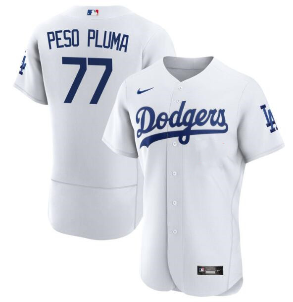 Men's Los Angeles Dodgers #77 Peso Pluma White Flex Base Stitched Baseball Jersey Men's Los Angeles Dodgers #77 Peso Pluma White Flex Base Stitched Baseball Jersey